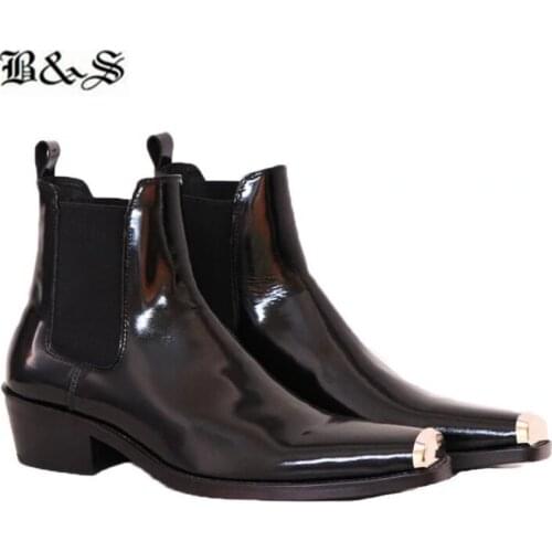 Black& Street NEW Men square iron toe genuine leather personalized wedge handmade men Chelsea Boots