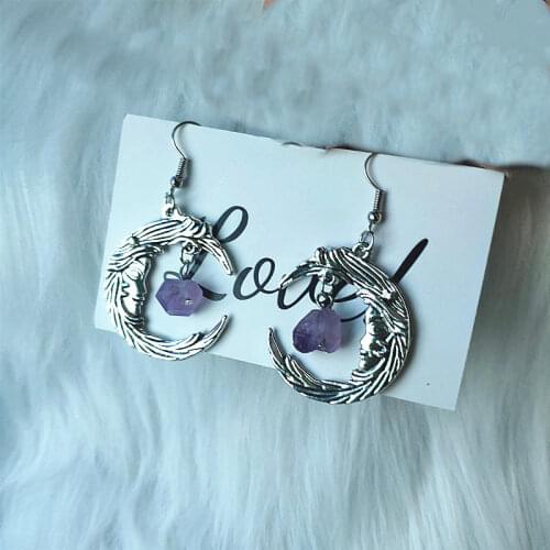 1 Pair of Moon Goddess Earrings Alloy Moon Natural Purple Stone Pendant Witch Jewelry Fashion Gifts for Women