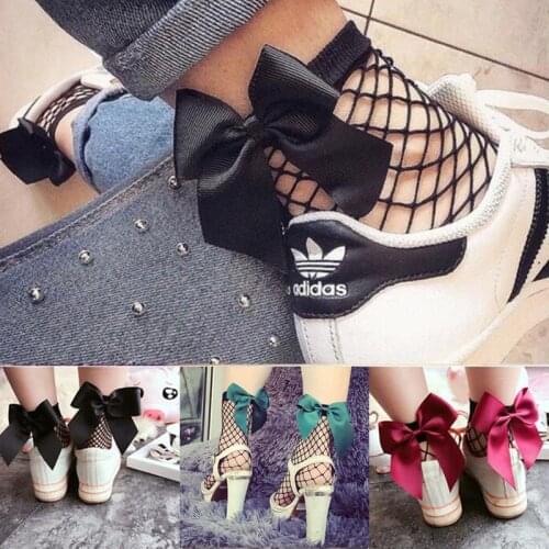 ZZIYEETTM 1 Pair Fashion Hollow Out Summer Socks Cute Womens Black Mesh Short Ankle Socks Sexy Bow Fishnet Socks