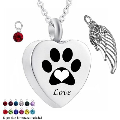 Paw print -love 12 Piece Birthstone and wings Urn Necklace Heart Memorial Keepsake Pendant Ash Cremation Jewelry for Ashes