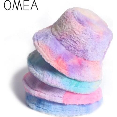 OMEA Fluffy Bucket Hat Faux Rabbit Fur Cute Girls Rainbow-Colored Plush Tie-dyed Hat Women Winter Korean Fashion Warm Fashion