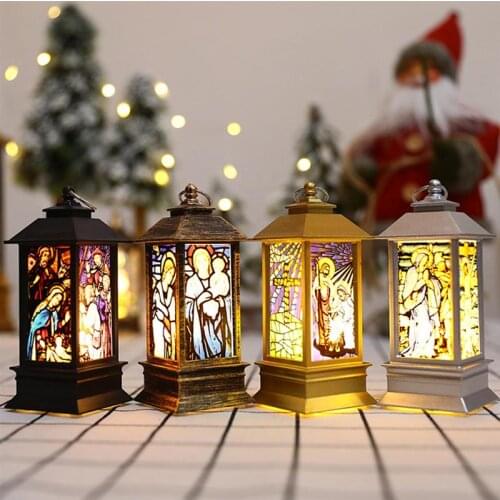 Christmas LED Storm Lantern Church Jesus Pattern Simulated Small Oil Lamp