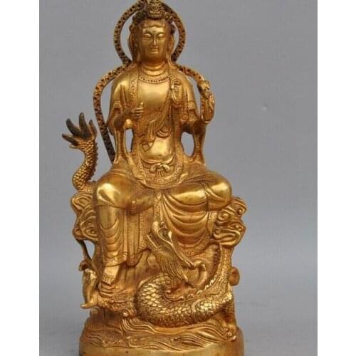 Old China Buddhism bronze Gilt Sit Dragon Kwan-yin Guanyin goddess Buddha Statue