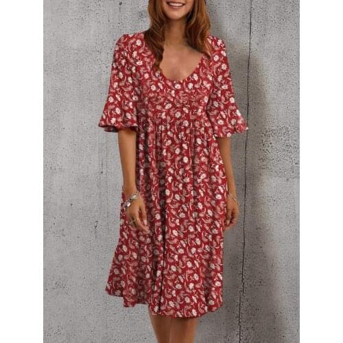 Loose Summer Womens Round Neck Short-sleeved Ruffled Dress Large Size Casual Floral Bohemian Summer Dress New 2021