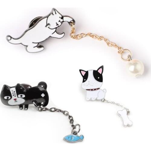 5 Styles Cartoon dog Cat With Pearl Fish Bone Chain Brooch Women Large Animals Enamel Pin Shirt Jackets Lapel Pins Jewelry gifts