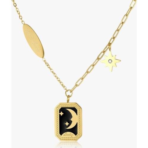 New Vintage Black Enamel Star Moon Myth Pendant Necklace For Women Good Luck 316 Stainless Steel Gold Plated Collarbone Chain