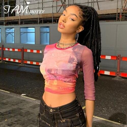 Harajuku 2000s Aesthetic Print Patchwork Mesh Crop Top Tee Women Vintage Fashion Mid Sleeves Summer T Shirt Casual Tops Iamhotty