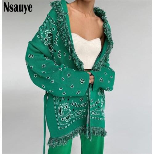 Nsauye Y2K Female Oversized Vintage Cardigan Women Fashion Loose Tassel Print Green Long Sleeve Sweater Winter Coat Tops 2021