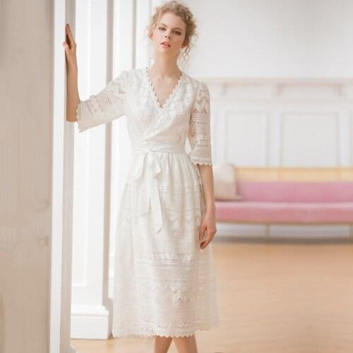 Spring Summer Elegant Lace Dress Women Romantic French Style V-neck A Line Office Lady Work Casual Holidays White Luxury Dresses