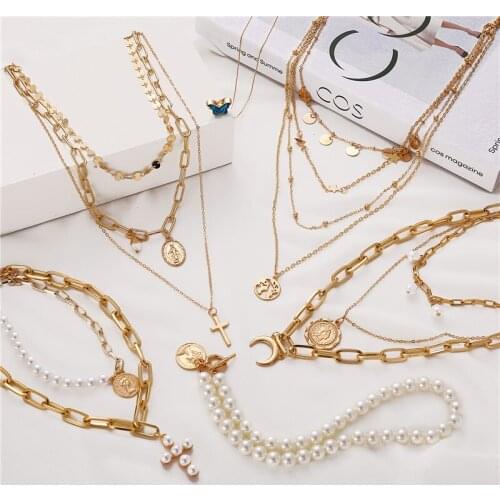 IF YOU Bohemia Gold Portrait Fashion Moon Pearl Pendant Necklaces For Women Vintage Muklltilayer Coin Long Necklace 2020 Jewelry