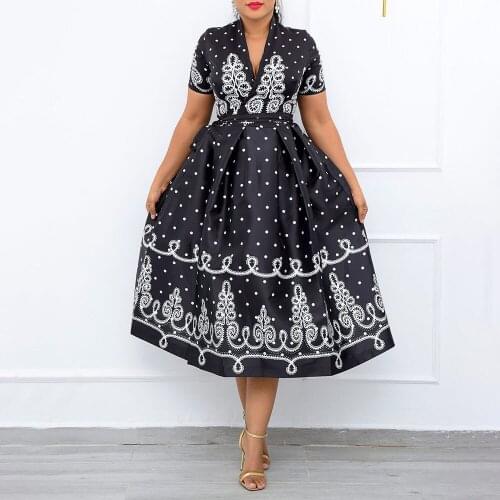 Summer 2021 Printing Black High Waist Fashion Temperament Europe America African Womens Dress Oversize V-neck Summer