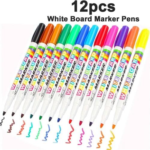 12pcs/box Mixed Colour White Board Pens Bright Markers Fine Bullet Tip Easy Dry Wipe Whiteboard Marker Pens Set