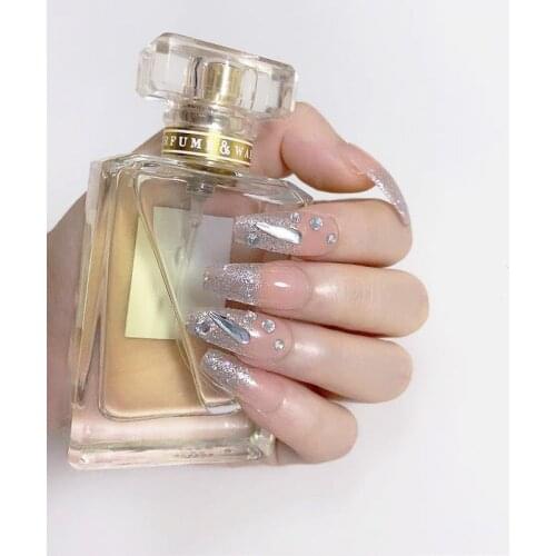 24pcs Rhinestone Inlaid Nail Patch Shiny Glue Type Removable Long Paragraph Fashion Manicure Save Time False Nail Patch TY