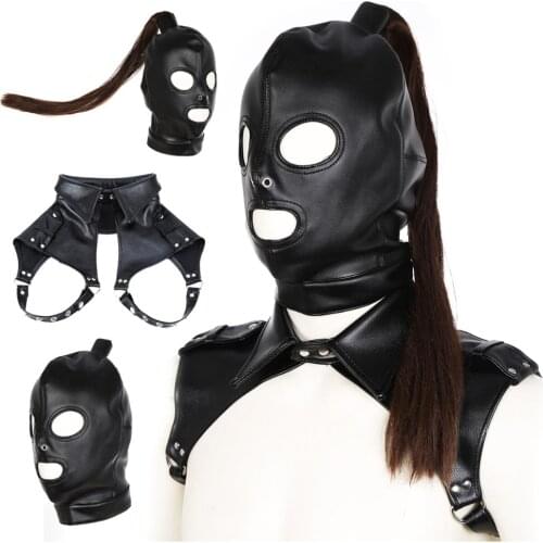 BDSM Slave Accessories Leather Bondage Mask Hood with Hair Head Restraint Fetish Chest Belt Collar Headgear Hood Adult Sex Toys