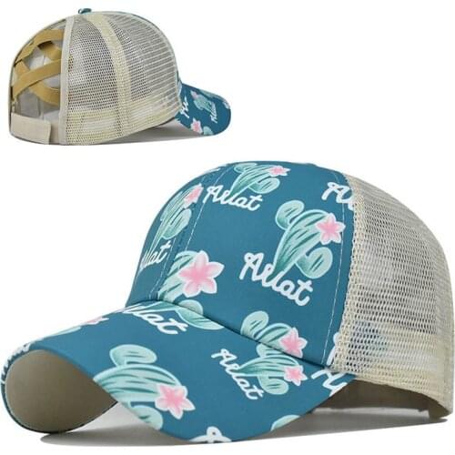 New Fashion Women Print flowers Cap Breathable Ponytail Baseball Cap Casual Summer Snapback Hat Trend Cactus Satin Mesh hat