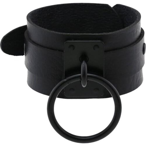 Round Bracelet Black PU Leather Wristband Cuff goth gothic punk armbands Fashion Ring bracelets women men metal cosplay jewelry