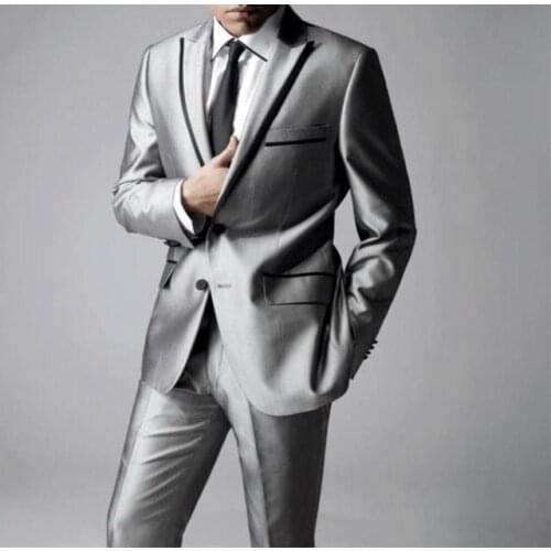 Formal Sliver Grey Groomsmen Men Suits 2 Pieces Black Peak Lapel Wedding ( Jacket+Pants) Costume Homme Terno Masculino Slim