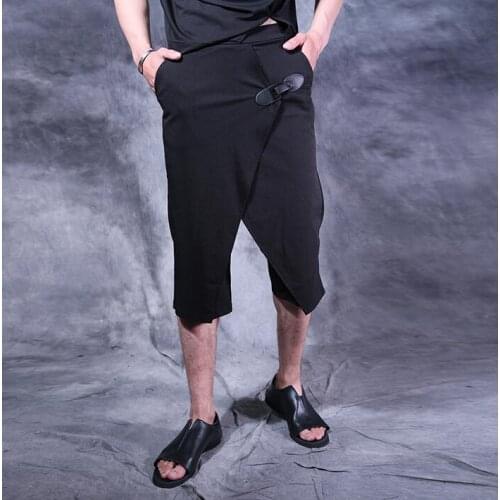 Personalized leather buckle 2020 summer cross-body capris pants casual mens harem pants male slim men trousers personalized