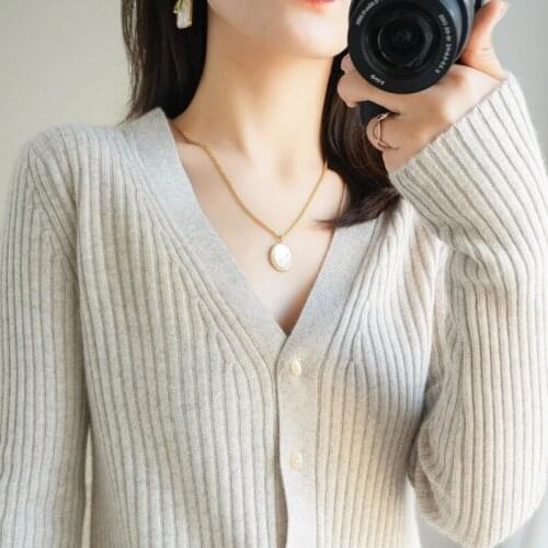 21 Spring Autumn Basic V-Neck Knitted Cardigan Womens Sweater Wool Casual All-Match Temperament Slimming Slim Long Sleeve Coat