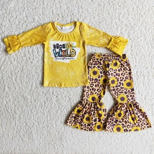 Newborn Kids Baby Girl 2PCS Sets Floral Sunflowers Clothes Cheetah Outfit Yellow Bleached Top Bell Pants Cheetah Outfits