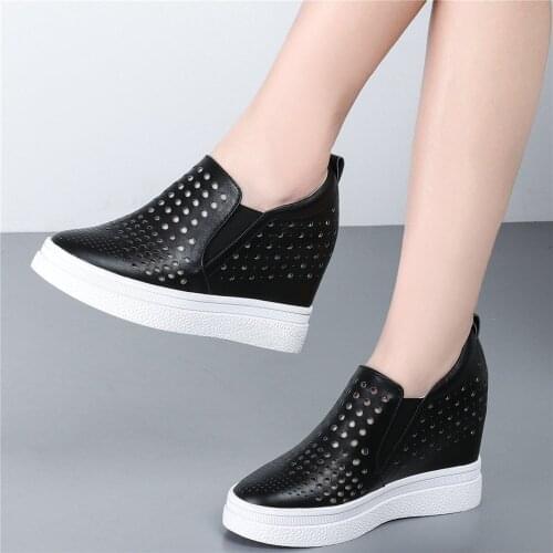 Summer Loafers Women Slip On Hollow Genuine Leather Wedges High Heel Pumps Shoes Female Round Toe Fashion Sneakers Casual Shoes