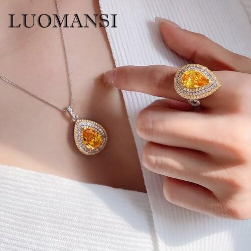 Luomansi Vintage Water Drop Citrine Pendant Necklace / Ring Wedding Party Fine Jewelry Sets Wholesale