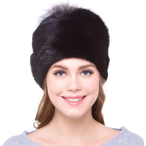 JKP Women new mink fur hats for winter genuine mink fur cap with fox fur hat DHY18-06