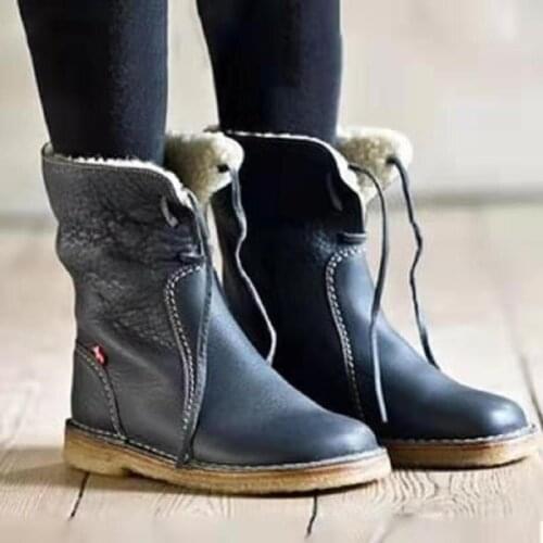 New Boots Women Casual Fleece Lace-Up Flat Snow Boots PU Leather Ankle Boots Winter Warm Ladies Fashion Shoes
