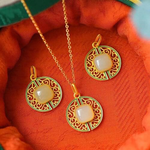 Original Chinese Hollow Enamel Natural Hetian Jade Pendant Necklace Retro Exquisite Court Charm Womens Silver Jewelry