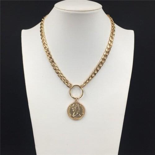 Trendy Gold Color Plating Engraved Coin Pendant Necklace For Women Girl Office Party Elegant Gorgeous Chic Jewelry Accessory
