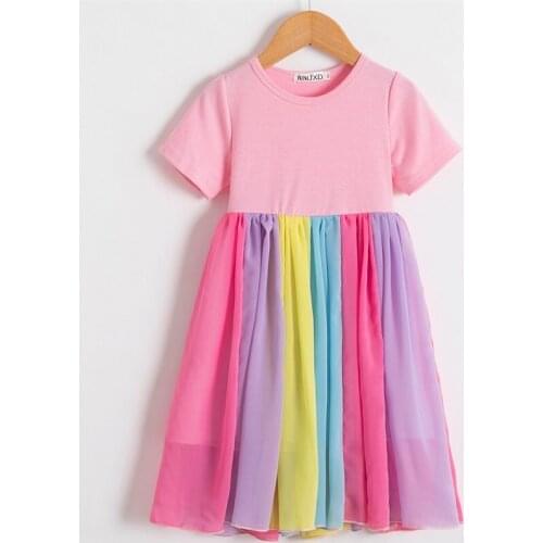 Rainbow Girls Dresses Kids Summer Short Sleeve Cotton Mesh Princess Dress Holiday Party Beachwear Children Colorful Clothes 3-8T