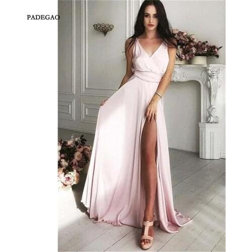 Pink In Stock Evening Dresses A-Line V Neck Side Split Party Dress Floor Length Sleeveless Simple Evening Dress