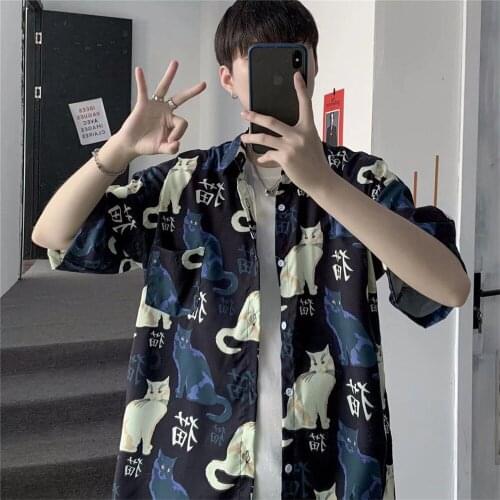 Cute Korean Cat Print Shirts Men Summer Autumn Shirt Homme Hip Hop Shirts Male Harajuku Tops Streetwear Punk Funny Blouse Shirt