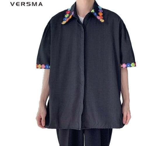 VERSMA Japanese Retro Short Sleeve Social Shirt Men Women Summer White Floral Embroidery Hawaiian Shirt Male Blouse Dropshipping