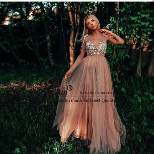 Boho Champagne Evening Dress A-Line V-Neck Lace Appliques Beaded Cap Sleeve Backless Chiffon Floor Length Party Prom Gown