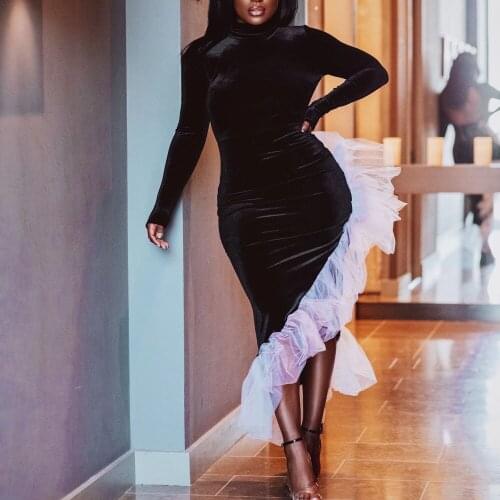 Vintage Black Backless Dresses Women Asymmetrical Mesh Long Sleeve Autumn Winter Evening Night Club Robe Vestidos Dress Hot New