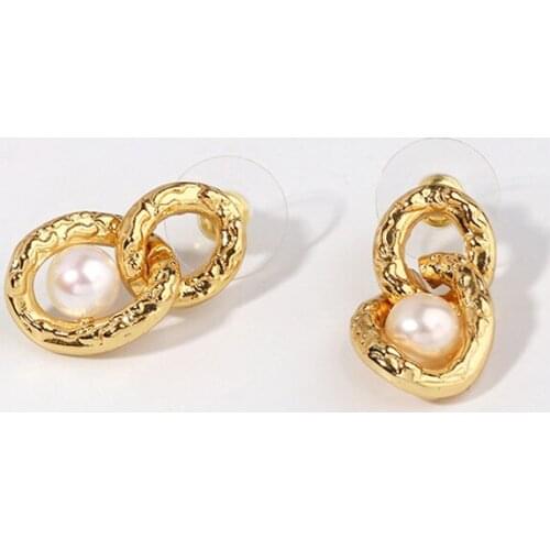High Grade 925 Silver Needle Charm 18K Gold Earrings Half Circle Inlay Crystal Pearl Stud Earrings