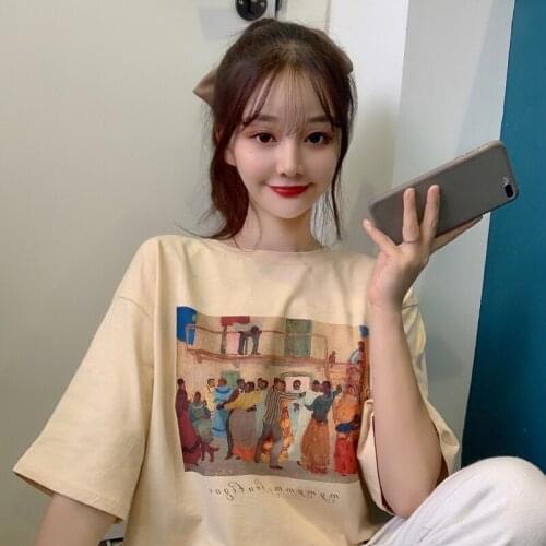 Female Korean Harajuku Lazy Cartoon Print Loose T-shirt Womens T-shirts Tops Japanese Kawaii Ladies Ulzzang Clothes For Women