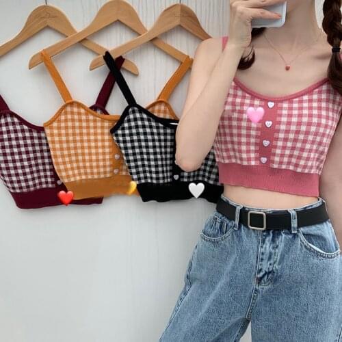 Women Knitted Plaid Crop Tops Female Button Up Straps Streetwear Blue Camisole Cute Crop Tops For Women 2021 Summer