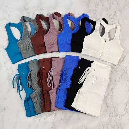 Women Seamless Yoga Sets Ribbed Workout Clothes High Waisted Suit For Fitness Shorts Sports Bra with Padded Gym Clothing