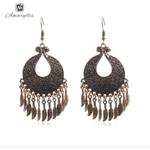 Amaiyllis Retro Leaves Tassel Dangle Earrings For Women Ethnic Geometric Drop Earrings Vintage Round Statement Pendant Earrings