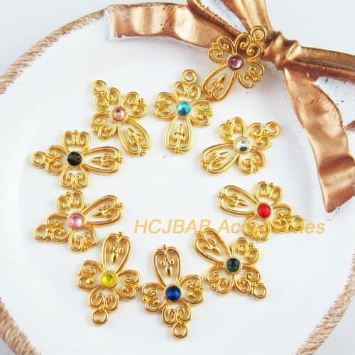 20 New Cross Flower Charms Gold Color Mixed Crystal Pendants 14.5x21.5mm