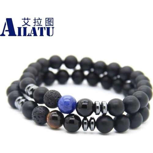 Ailatu Wholesale 10 pieces Semi-precious Stone Beads, Black Onyx, Tiger Eye and Blue Veins Men Lucky Bracelet for Resellers