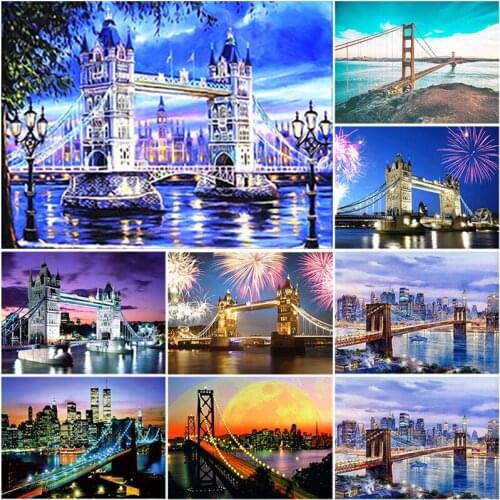 DIY 5D Diamond Painting Bridge City Diamond Embroidery Landscape River Night Cross Stitch Full Round Drill Mosaic Rhinestone Art
