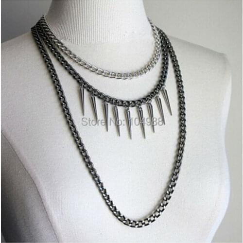 FREE SHIPPING B366 SILVER AND GRAY PLATED CHAINS NECKLACE SMALL SILVER RIVETS CHAINS NECKLACE