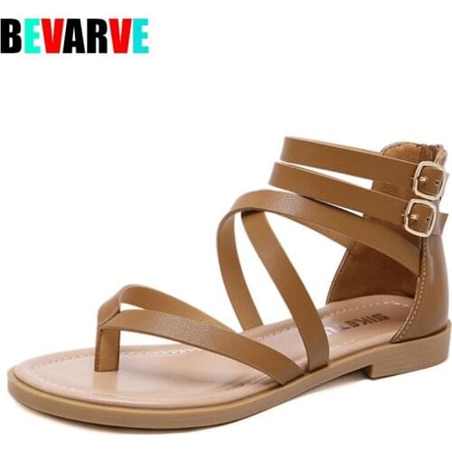 BEVARVE New Womens Sandals 2021 European And American Summer Sandals Large Size Fashion Zipper Strap Solid Color Flat Roman Sa