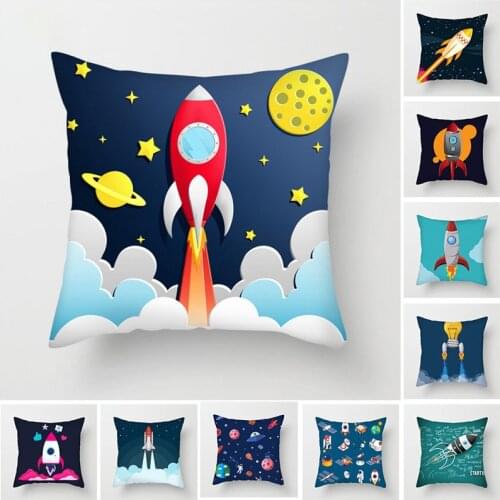 Cartoon Spacecraft Cushion Cover Astronaut Rocket Pillow Cover for Home Chair Outer Space Decorative Pillows 45*45cm Unique