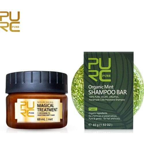 PURC Pure Gentle Organic Natural Mint hair shampoo and Magical hair mask 5 seconds Repairs damage smooth hair 60ml hair care set
