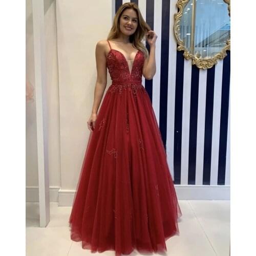 Long Tulle Appliques Prom Dresses 2021 Spaghetti Straps V Neck Formal Evening Party Dress Lace-up Back Robe De Soiree