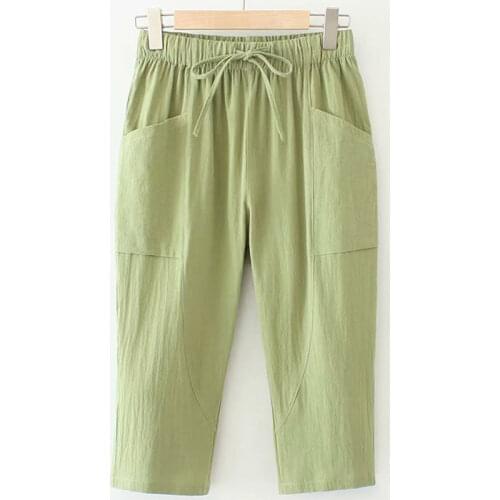 Women Cotton Linen Capri Pants Casual Plus Size High Waisted Pants Solid Color Loose Harem Trousers Female Calf-Length Pants